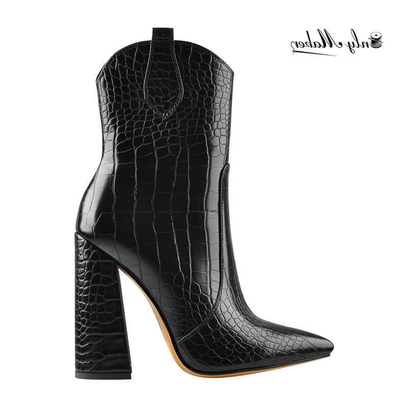 Onlymaker-Botas con patrón de piedra para mujer, botines gruesos con punta en pico, tacón de bloque grueso, botines de talla grande a la moda H26092
