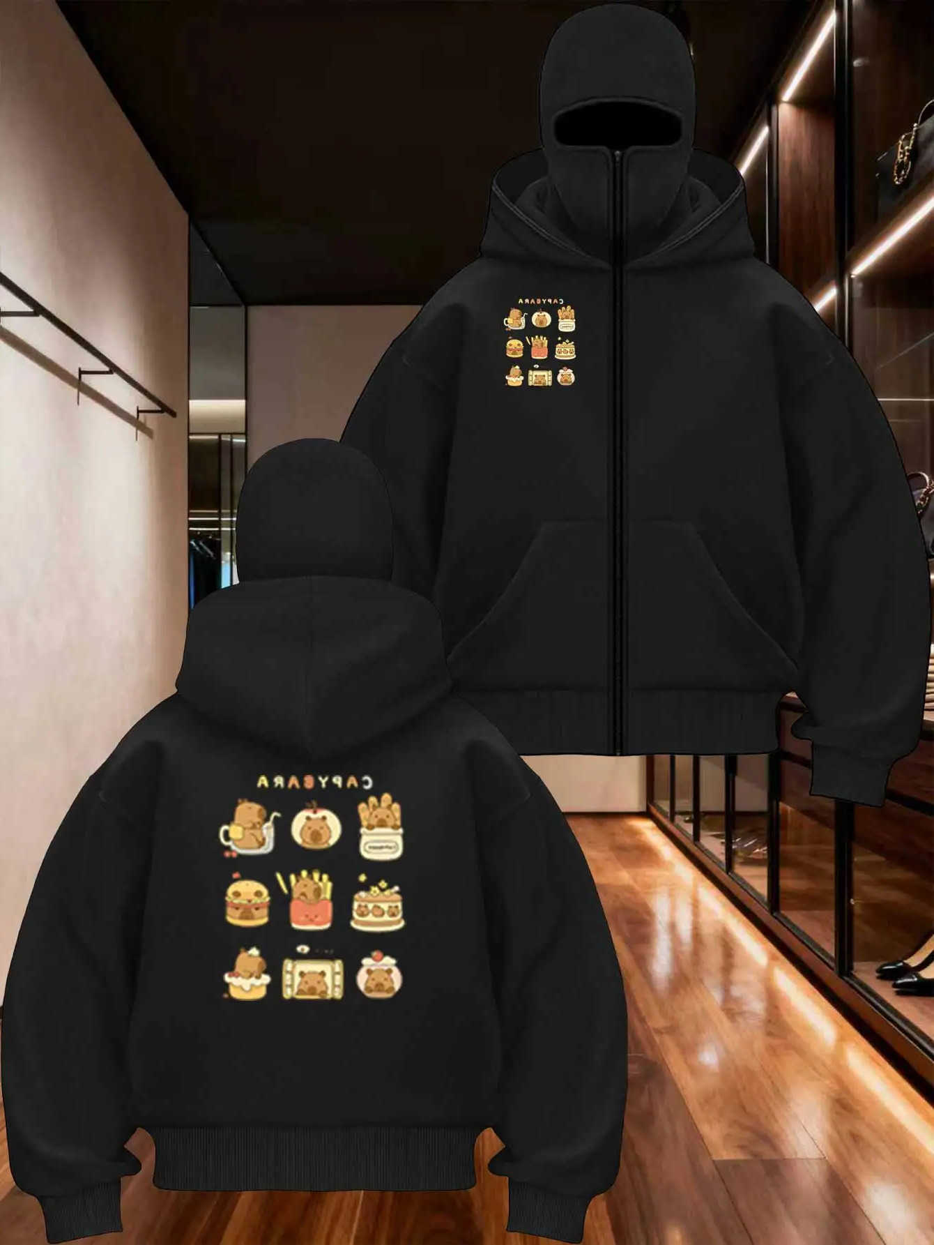 Hoodies Sweatshirts 2026 Autumn Men's Men Gothic Harajuku Winter New Item Double Hooded Humburger Printed Sweatshirt Men's Hooded Mask Zip