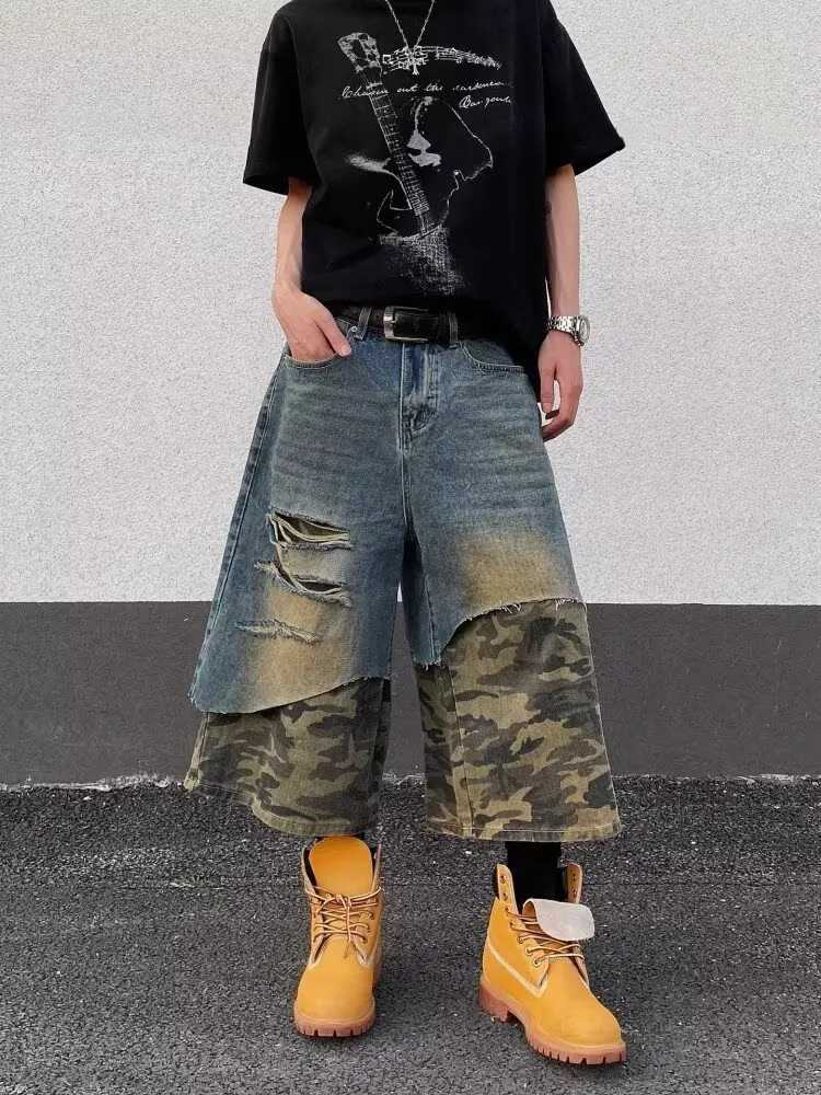 American Retro Camouflage Patchwork Design Loose Wide Leg Straight Cut Jeans Men's Casual Shorts Youth Summer Non-Shrinking S260921N0Y1