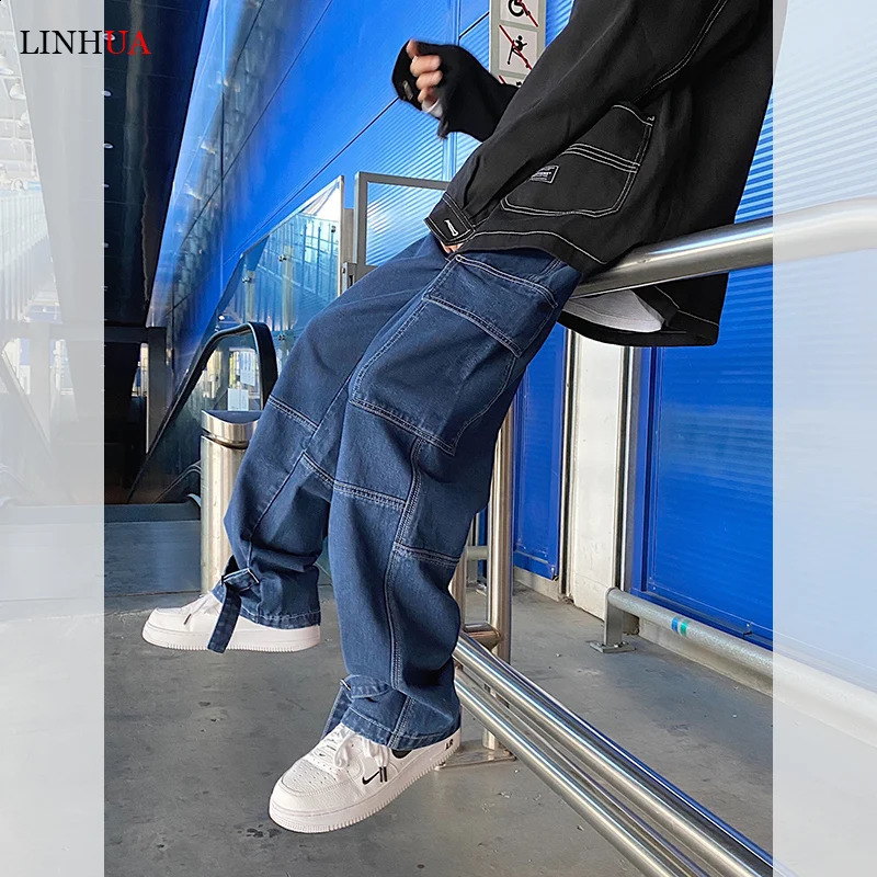 LINHUA Men Wide Leg Jeans Mens Spring Cargo Pants Hip Hop Streetwear Loose Straight Baggy Denim Male Work 260916