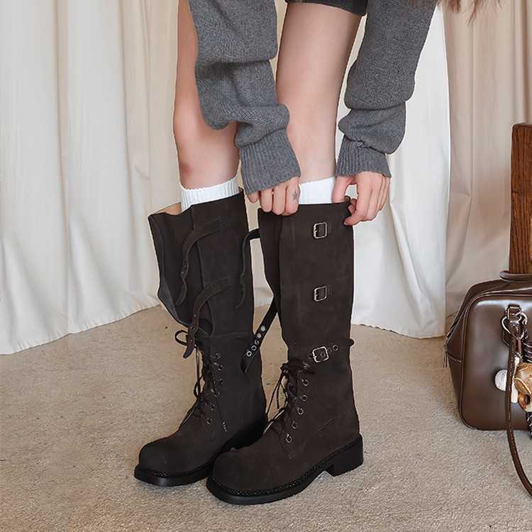 Botas largas 2026 para mujer, botas de montar altas con correas, cierre de hebilla en punta cuadrada y largo hasta la rodilla L26921