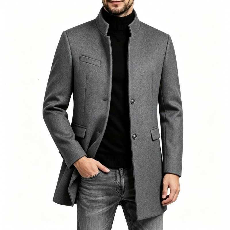 2026 Blends Men's Autumn Wool Winter Korean Style Woolen Coats Men Slim Fit Stand Collar Trench Outwear Male Fashion Long Casual Wool Blends Co