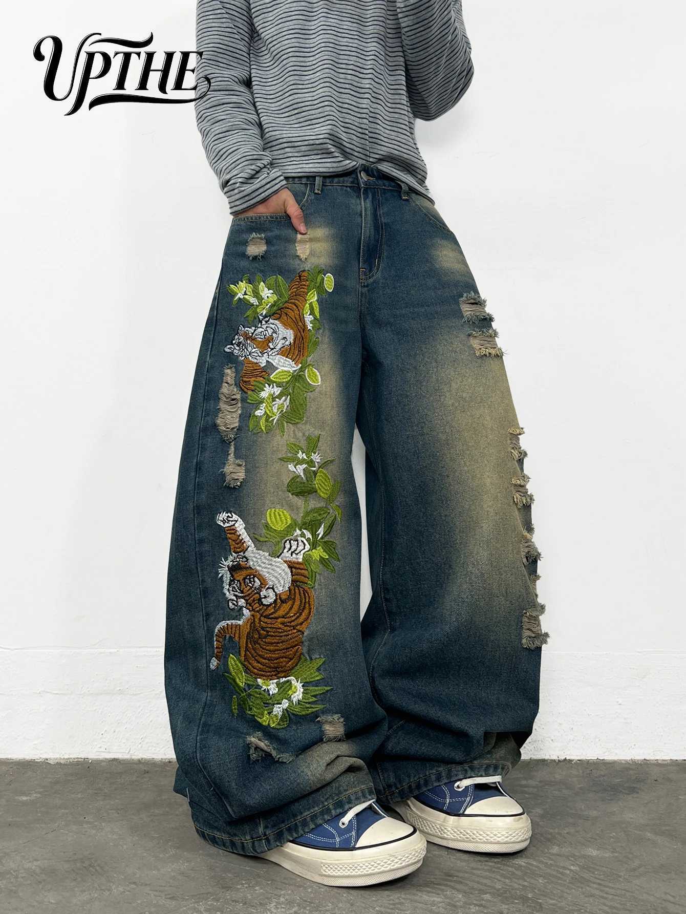 Men's Baggy Wide Leg Jeans Y2K Vintage Washed Tiger Floral Embroidered Distressed Ripped Denim Pants Loose Fit Hip Hop Streetwear Casual Trouse