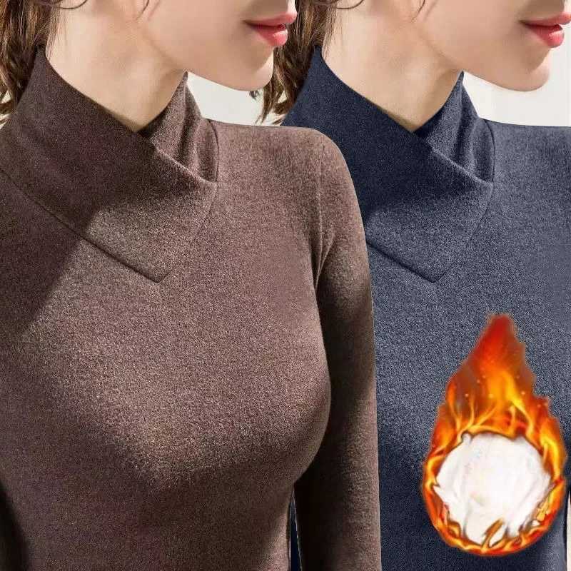 Women's T-Shirt Autumn Winter New Semi High Neck V-neck Women's T-shirt Fleece Wearing Inside Women's Thermal Underwear Women Clothin