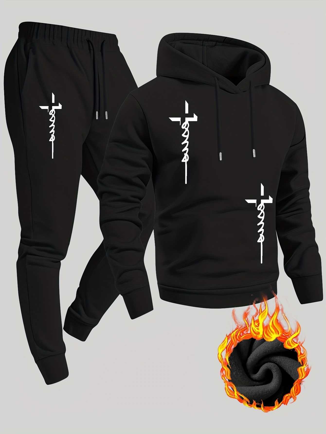 new Sweatshirts 2026 Men's Hoodies Men's Cross Print Hoodie Tracksuit 2PCS Autumn Winter Thick Casual Streetwear Sportswear Set Multiple C