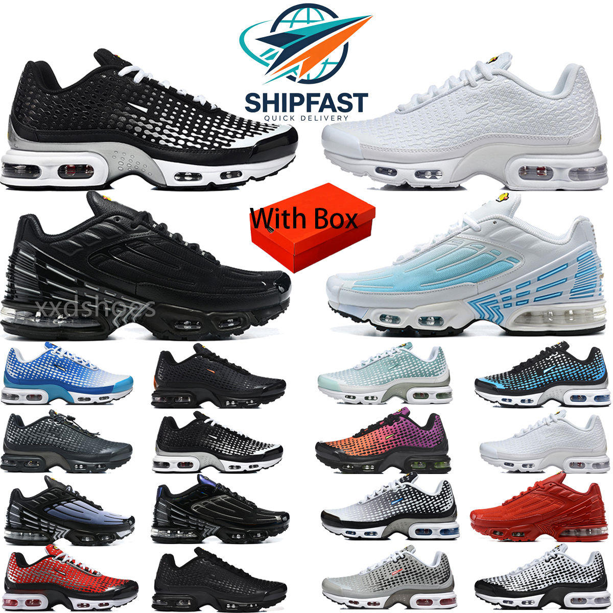 With Box Tn Plus 3 TN7 Designer Running Shoes Men Women Whit Black Athletic TN Trainers Plus 3 Shoes Silver Bullet Gold Red Laser Blue Toddler Outdo