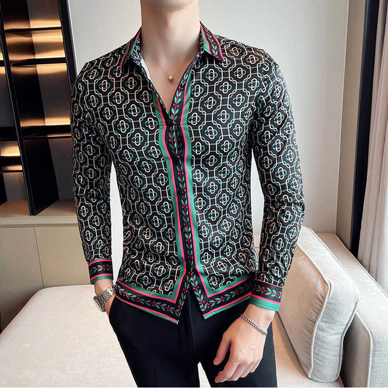 Casual Shirts Mens Men's Shirts Dress Fashion Striped Printed Long Sleeve Chemise Homme De Luxe British Style Slim Fit Social Blouse Men 4XL H2