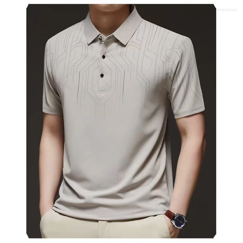 Middle Aged Men Ice Silk Lapel Polo Shirt Short Sleeve Casual Sports Tops S-4XL