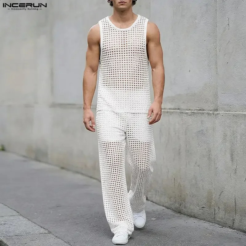 INCERUN Men Sets Solid Mesh Hollow Out See Through Sleeveless Tank Tops Pants Two Piece Streetwear Loose Matching 260911