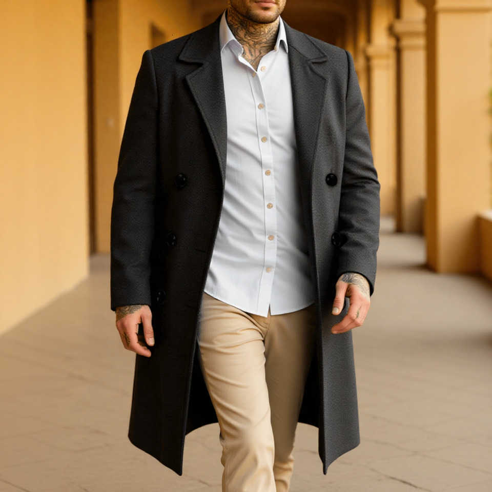Elegant Blends Men's Men's Wool Trench Coat Double Breasted Wool Blend Long Coat Warm Windproof Autumn Outerwear Solid Color Outerwear D26
