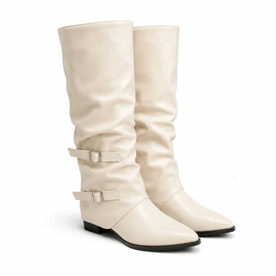 Fashion Women Knee High Boots Boots White Pointed Toe Low Heel Double Casual Long Boots Fall Winter Shoes H260921