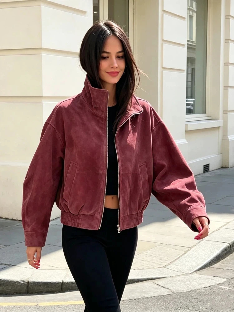 Fashion Dusty Pink Long Sleeve Faux Suede Jackets Women Oversized Stand Collar Zip Up Casual Coat Autumn Commute Outfit 260920