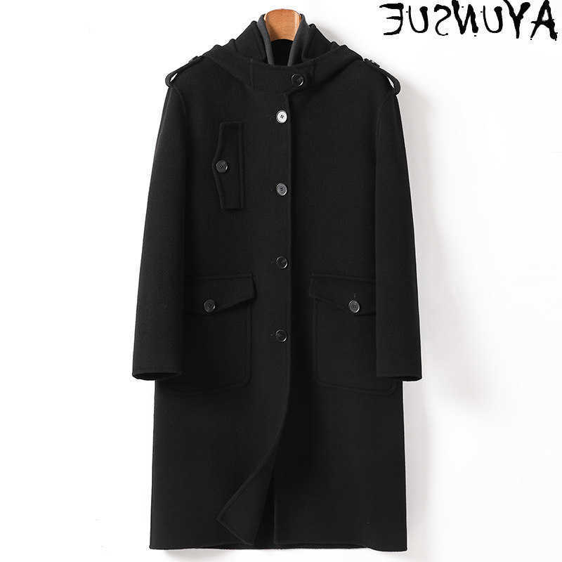 Miscele di lana AYUNSUE Cappotti di lana 100% lana fronte-retro di alta qualità da uomo per uomo Moda invernale Cappotto lungo da uomo con cappuccio