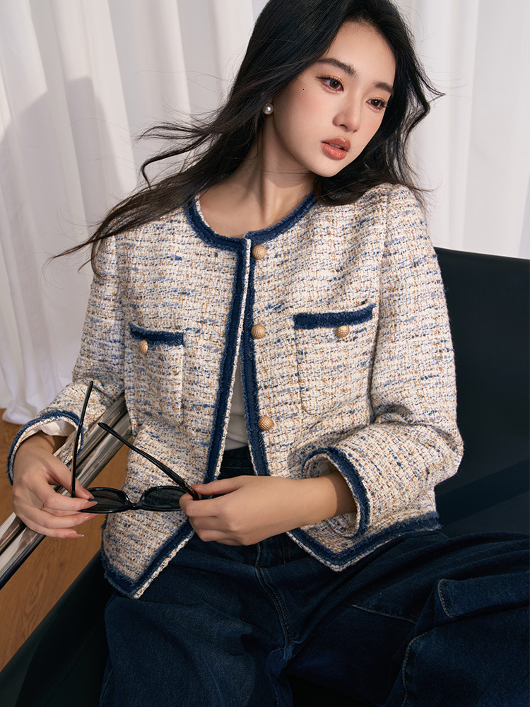 Women's Coat High-End Elegance Spring 26 New Vintage Elegant High-End Fashionable Wool Denim Patchwork Short Coat For Women