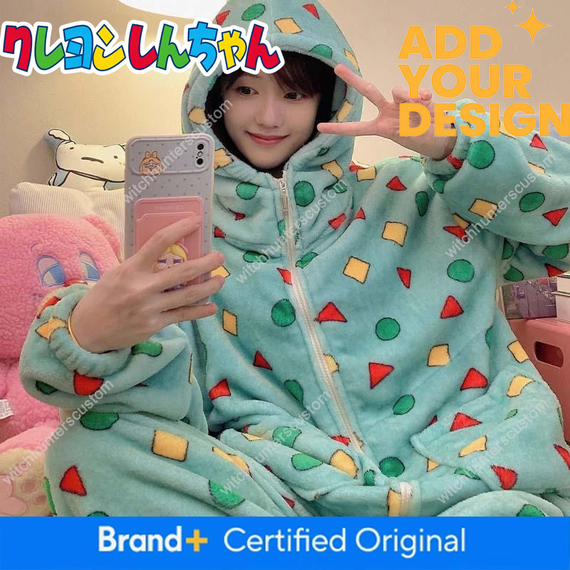 2Pcs Autumn Winter Coral Fleece Couple Pajamas Kawaii Thicken Zipper Hooded Crayon Shin-Chan Flannel Home Clothes Christmas Gift 1e