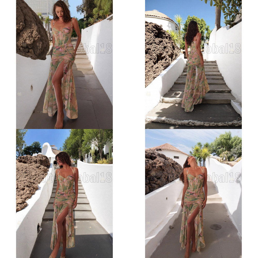 Women Summer New Sexy Strap Printed Beach Dress High Waist Slimming Slit Vacation Dress For Seaside Holiday 9b e4