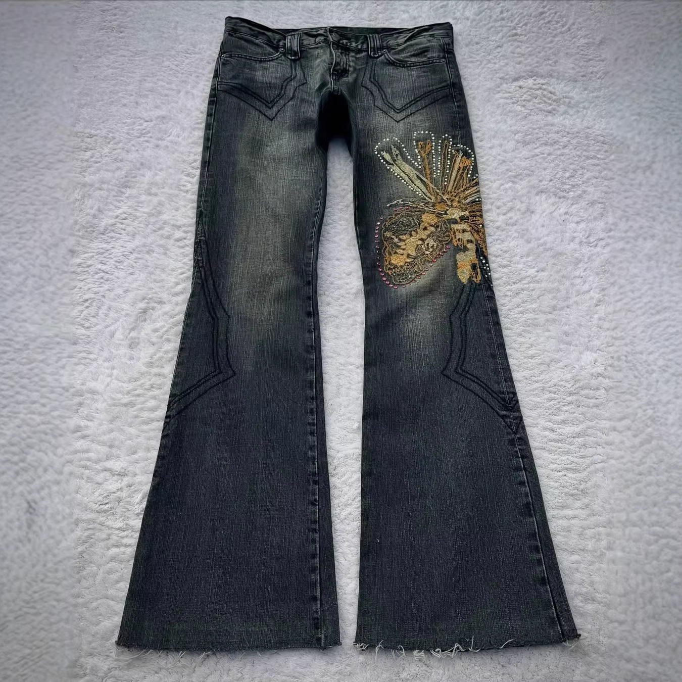 jeans designer men Vintage Embroidery Patchwork Women Flared Jeans Y2k Harajuku Wide Leg American Style Denim Pants Baggy Punk Streetwear