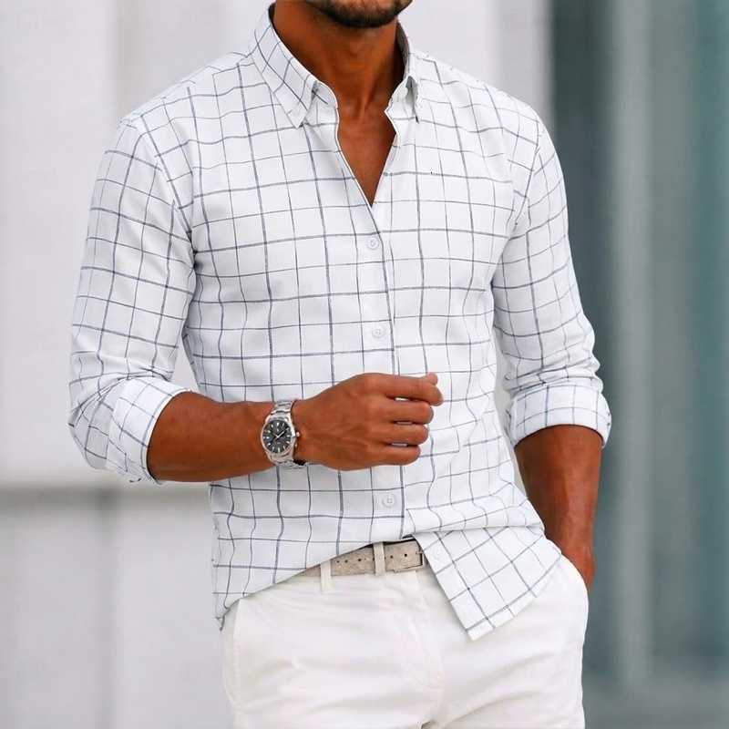 Men's Shirts Men's Shirt Casual White and Blue Checkered Long Sleeved Shirt Trendy Checkered Shirt Business Casual Versatile Men's Cl