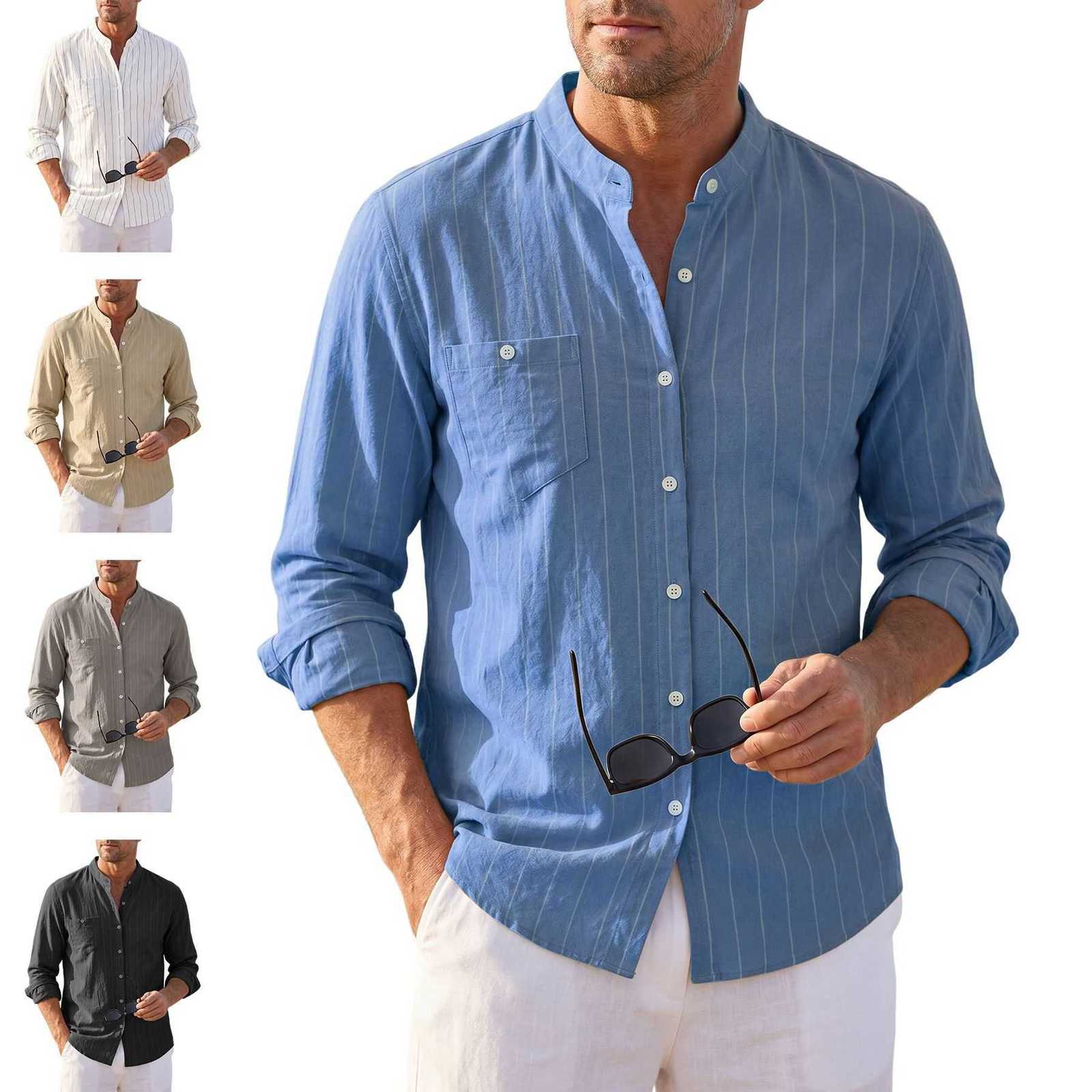 Spring-Autumn Men's Men's Casual Shirts Linen Stand-Up Striped Long-Sleeved Casual Office Wear Trendy Long-Sleeved Shirt with One Pocket H