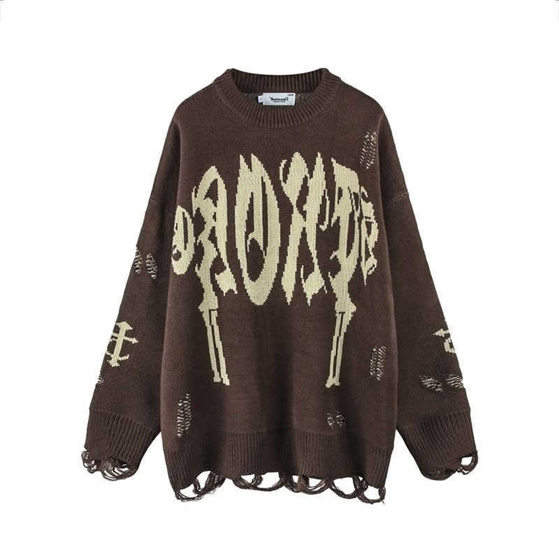Hole Vintage Gothic Pullovers Pi Shuai Sweater Letter Jacquard Men's and Women's High Strt Couple Loose Lazy Knitted Sweater S2609212LW8