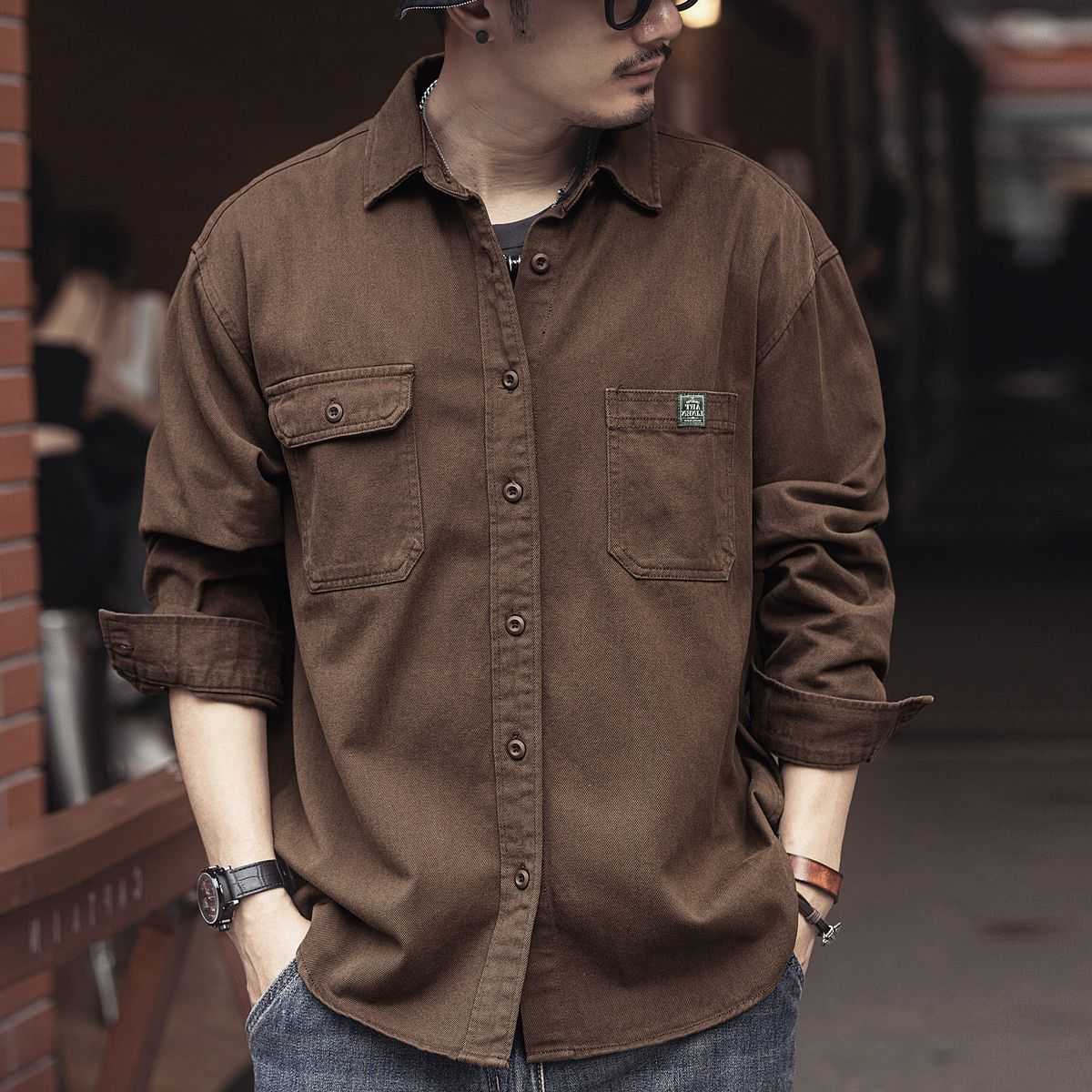 Casual Shirts 2025 Spring Men's and Autumn New American Retro Tooling Brown Shirt Men's Long-sleeved Loose Casual Multi-pocket Shirt H2609