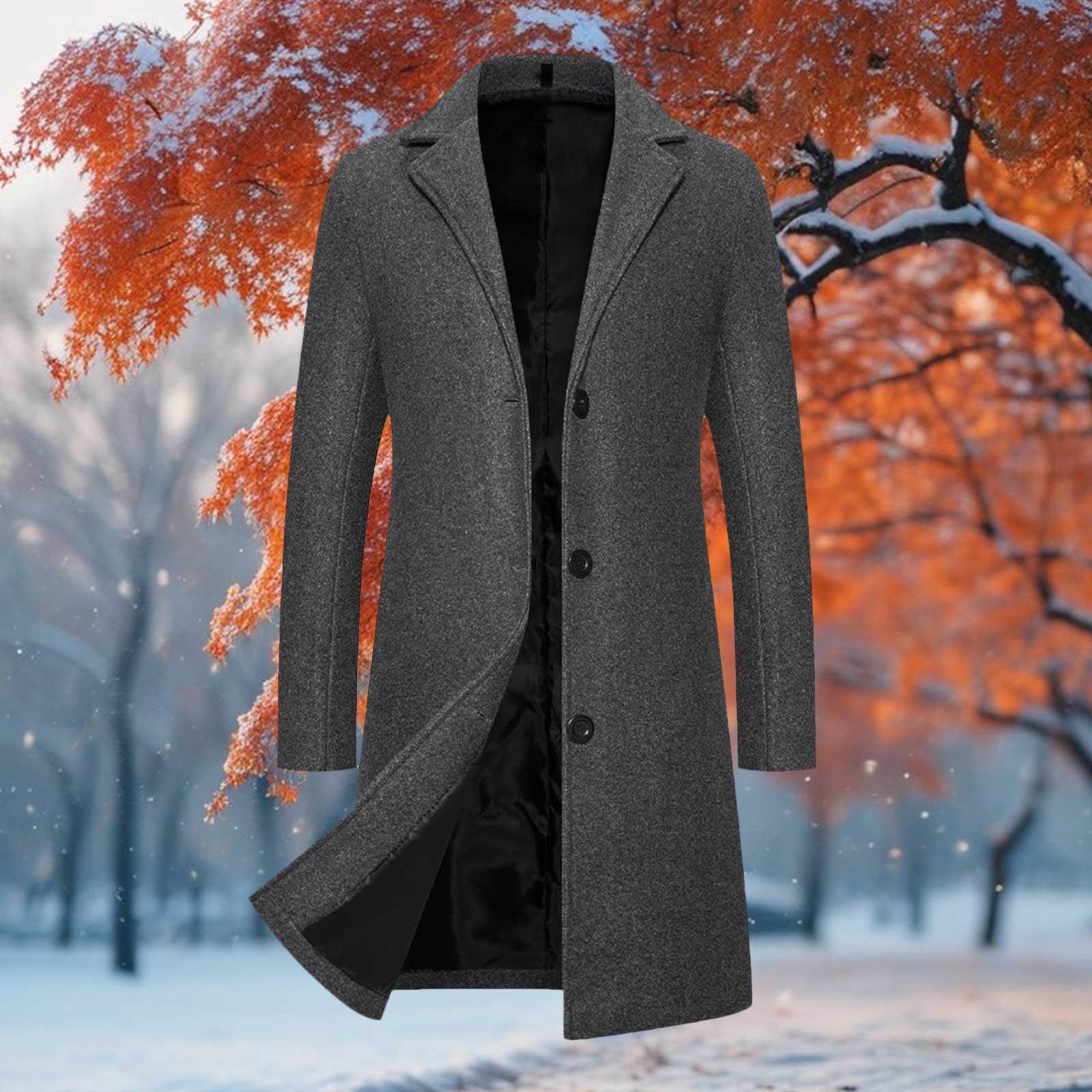 New Blends Men's Wool Wool Men Long Coats Autumn Winter Windbreaker Coat Solid Color Wool Blends Vintage Button Trench Jacket For Men Outerwear