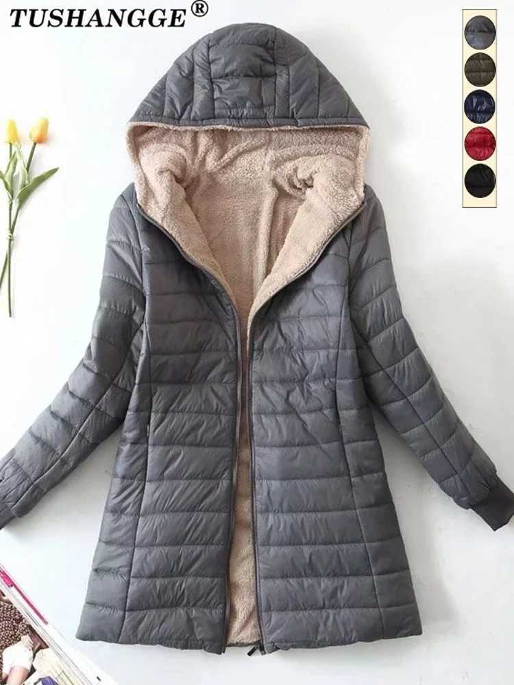 Women's Jackets Autumn and Winter Korean Style Mid-length Women's Jacket Solid Color Long Sleeve Hooded Zipper Woman Cotton Coat Slim Fit