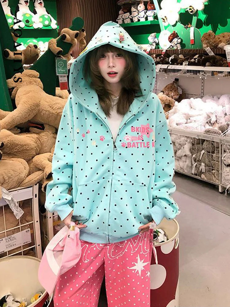 Aoaiiys Dot Letter Print Hoodies Women Zipper Streetwear Sweatshirt Long Sleeve Hoodies Y2k Autumn Winter 2026 Sweatshirts Coat 260918