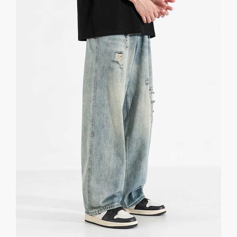 New Fashion Men Ripped Loose Straight Leg Jeans Male American Style Vintage Trend Streetwear Denim Pants Daily Casual Trousers S260921XGAP