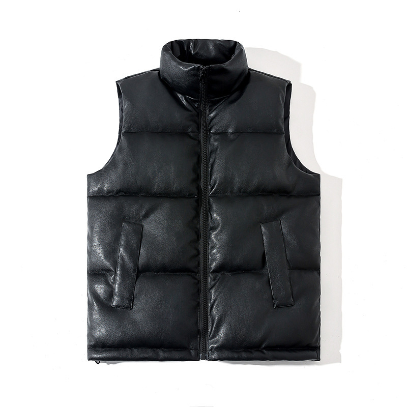 Men's Black Solid Color Casual Trendy Simple Basic Stand Collar Sleeveless PU Quilted Vests Male Winter Autumn New Fashion Coats J260921
