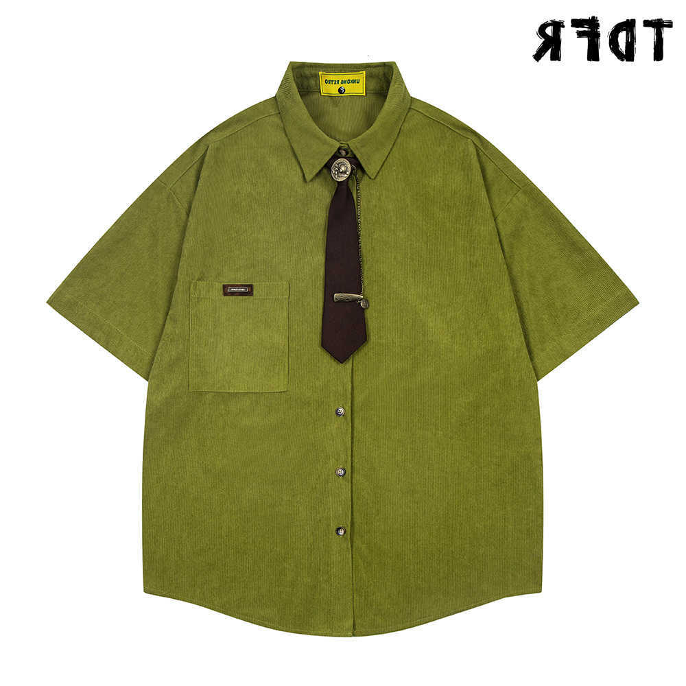 Pocket Shirts Men's Corduroy Casual Short Sleeve Shirts Mens Summer Retro Casual Loose Lapel Half-Sleeve Single Breasted Curved Hem Shirts Man
