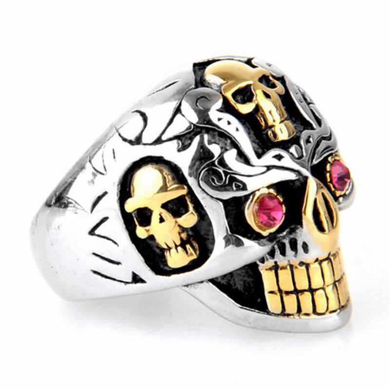 Gold Color Red Eye Skull Head Ring Stainless Steel Motorcycle Biker Style Men Jewelry Gift