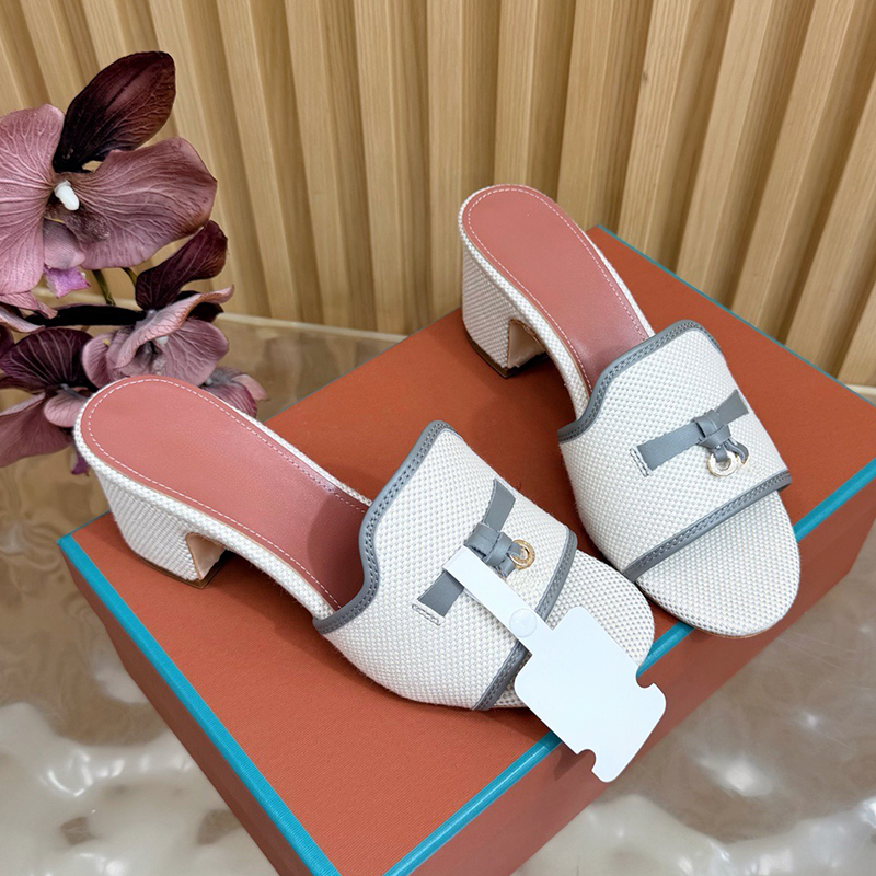 Talons hauts en toile avec orteils exposés, boucle dorée de luxe légère, pantoufles pour femmes à talons épais de style français pour les déplace
