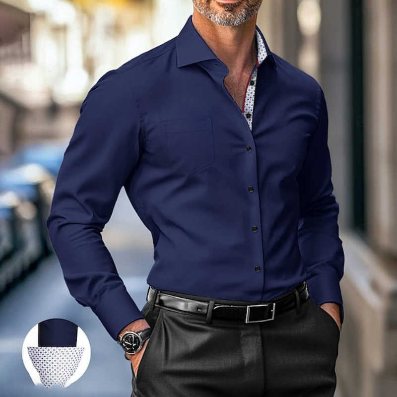Casual Shirts Men's Long Men's Sleeved Formal Shirt with Polka Dot Contrasting Color Inner Collar Lapel Button up Cardigan Men's Shir