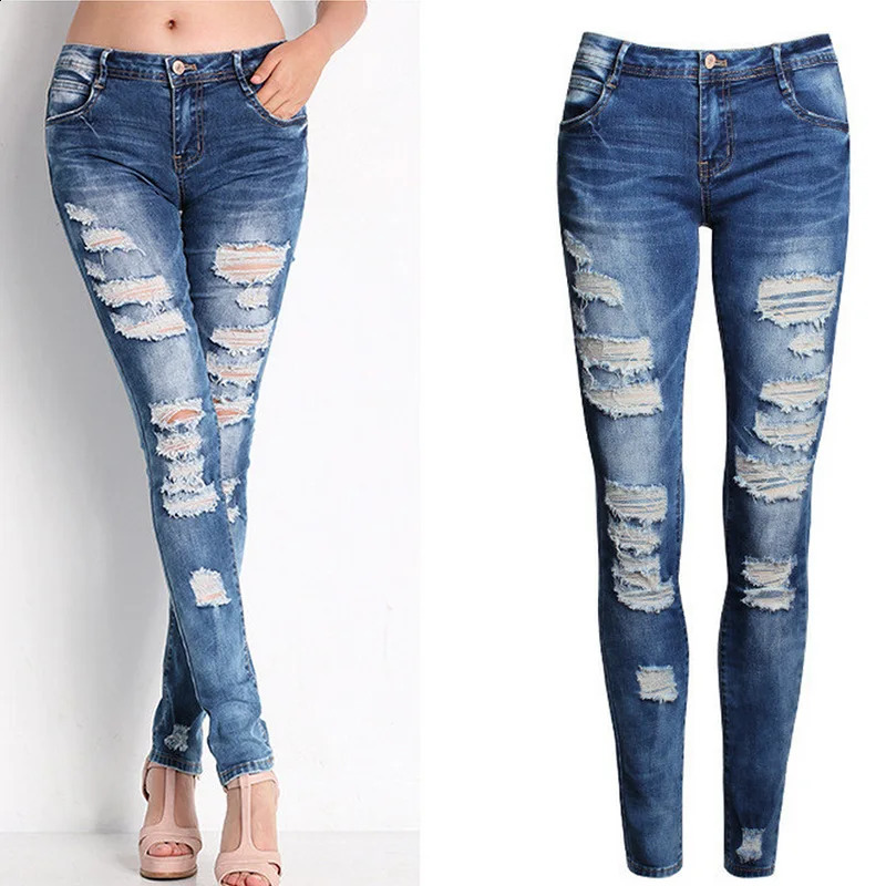 Women Jeans Blue Slim Ripped Jeans for Women Skinny Distressed Washed Stretch Denim Mom Jeans High Waist Pants Femme Bleached 260921