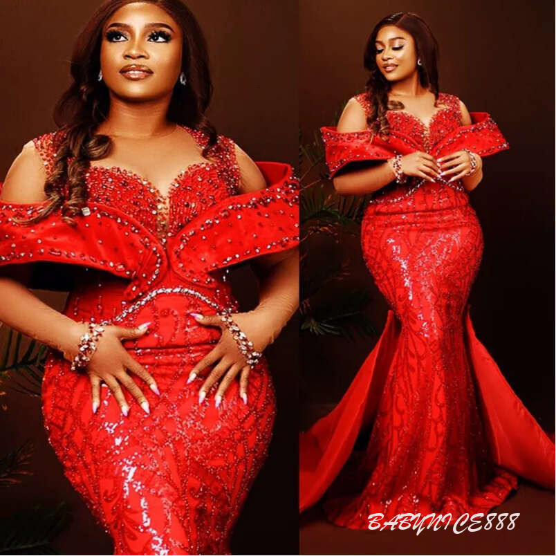 2026 Plus Size Prom Dresses With Detachable Train Red Mermaid Promdress Evening Formal Dresses For Women Sheer Neck Beaded Lace Second Reception Gow