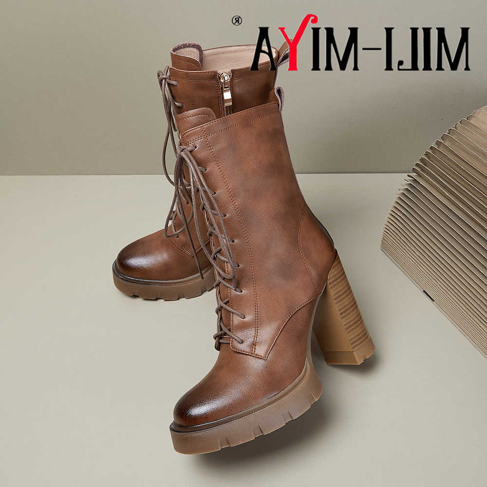 Botas altas Super MILI-MIYA Moda Tacones gruesos Mujer Botines de cuero de vaca Punta redonda Cremalleras de color sólido Tamaño grande 34-40 Hecho