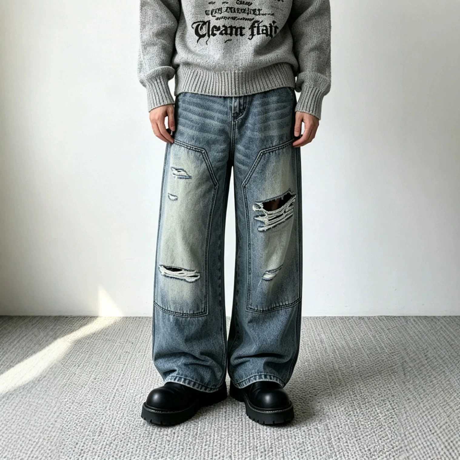 Vintage Fashion American Style Men Blue Wide Leg Hole Patched Wide Leg Casual Trendy Simple Basic Jean Pants Male Denim Trousers S260921ENAP