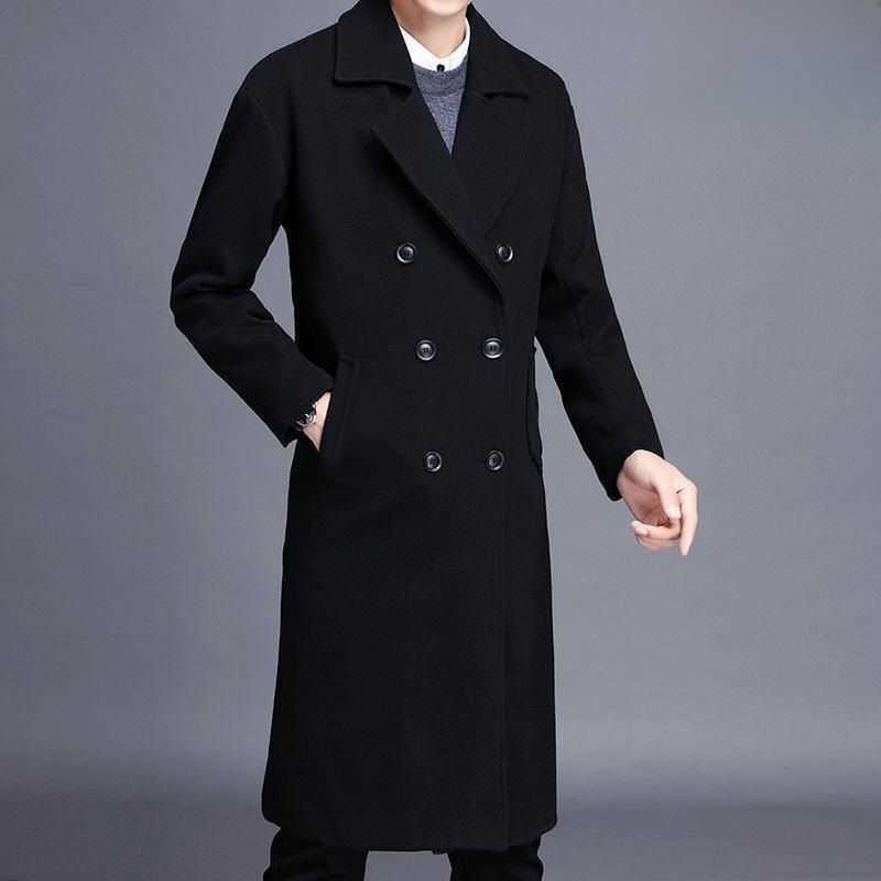 Winter Men's Autumn Wool Blends Men's Long Overcoat Knee-Length Woolen Coat Double-Breasted Loose Fit Warm Cotton Lined Korean Style Coat