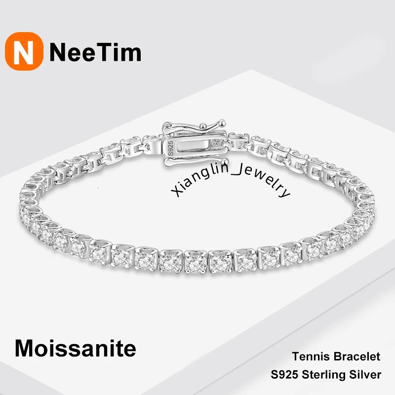 NeeTim 2.5mm Moissanite Tennis Bracelets Woman 925 Sterling Silver Sparkling Women's Hand Bracelet Chain Luxury Jewelry for Girl