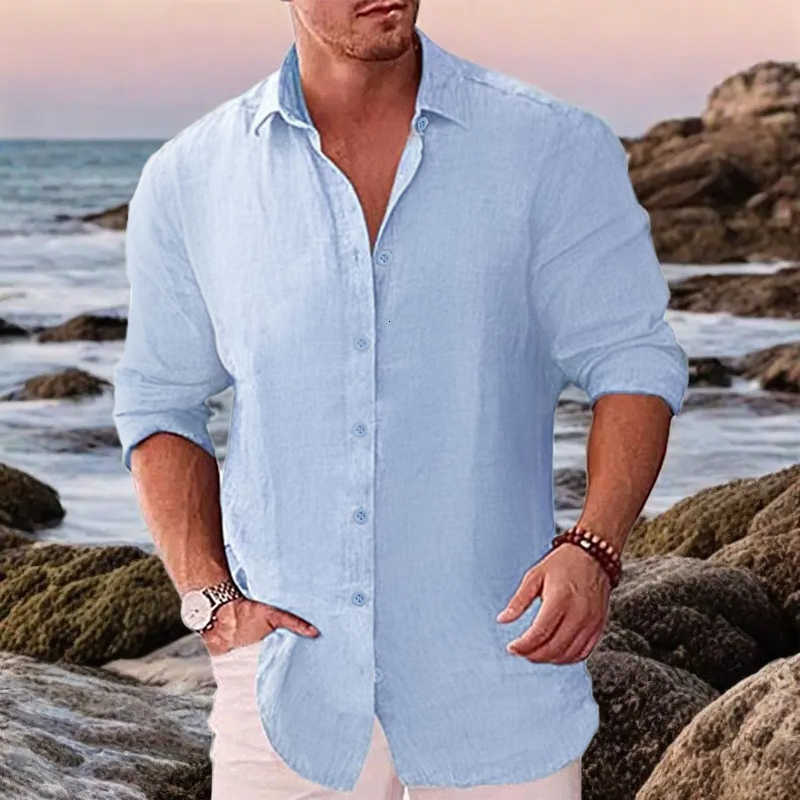 Casual Shirts New men's Men's cotton linen autumn hot long-sleeved shirt solid colour versatile casual resort style men's shirt tops