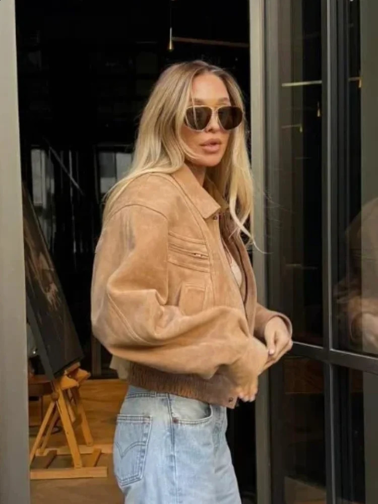 Women Fashion Short Brown Suede Jacket Chic Lapel Long Sleeve Pocket Zipper Cropped Coat 2026 Lady Street Commute Outerwears 260920