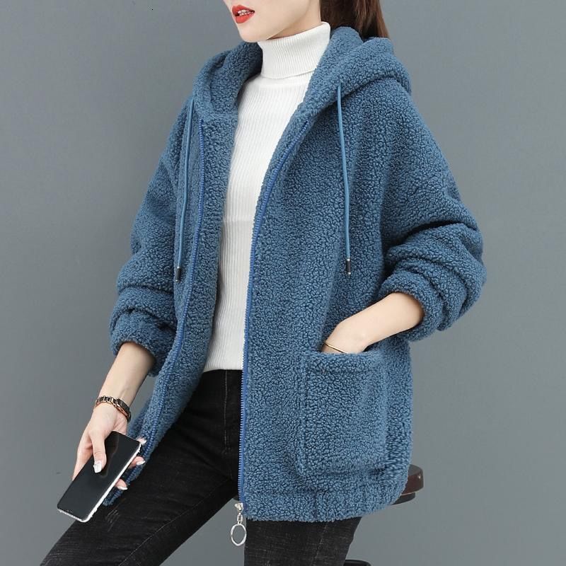 Envío Gratis, cárdigan de lana de cordero de Color liso, sudadera para mujer, forro polar grueso, corte holgado, estilo coreano, chaqueta sencilla c