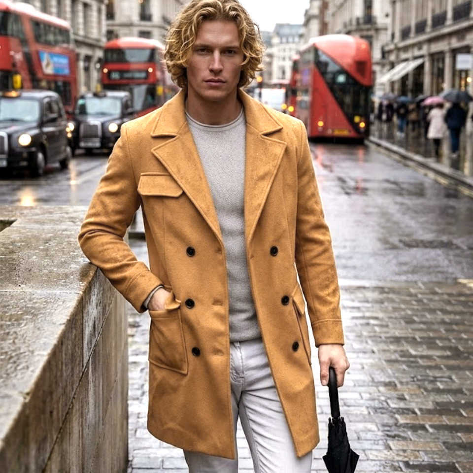 Winter Men's Autumn Wool Blends Men's Windproof Jacket Retro Jacket Thickened Lining Double-Breasted Trench Coat Outdoor Men's Wear S