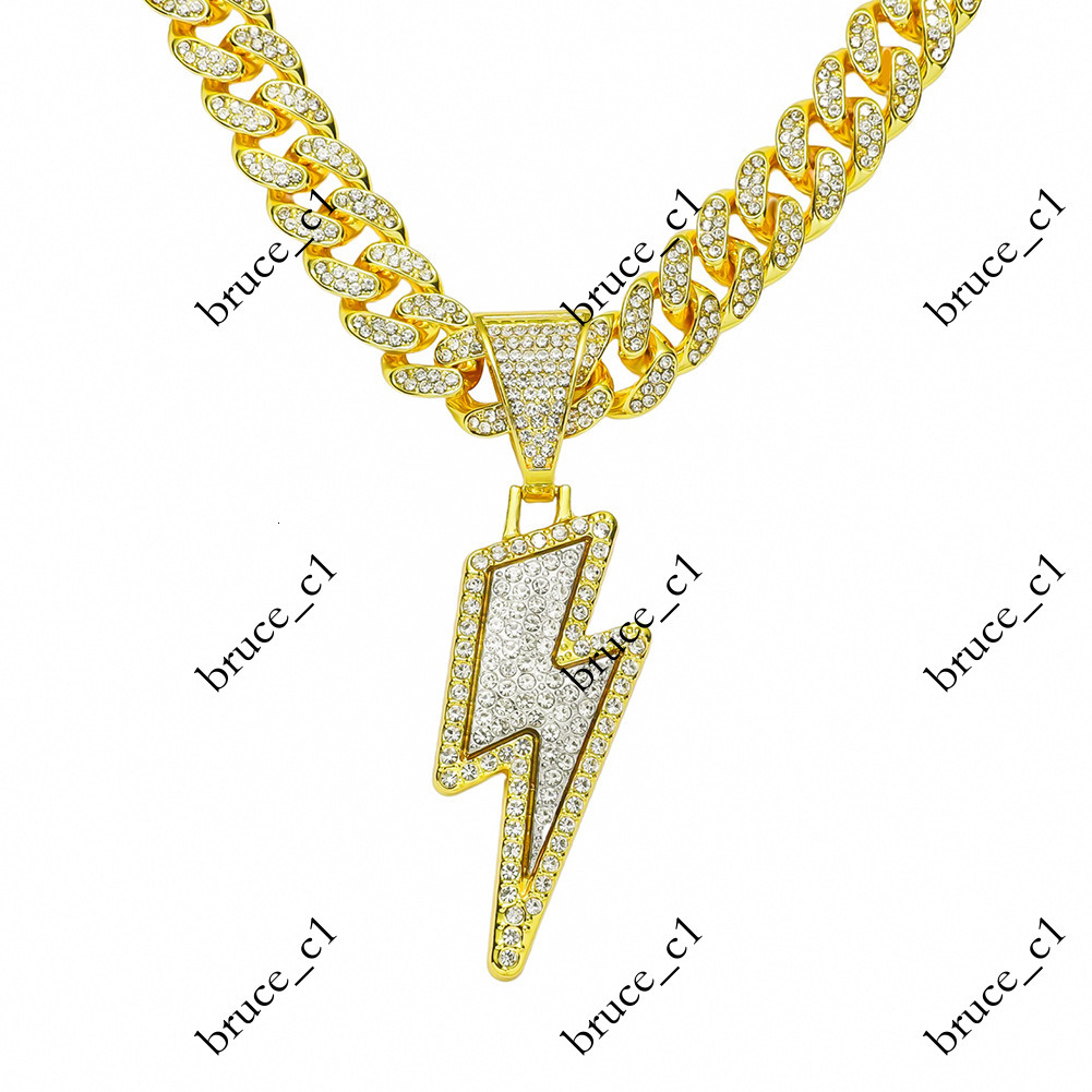 European and American Hip-Hop Style Alloy Full Diamond Cross-Border Personality Trend Lightning Inlaid Pendant Cuban Chain Necklace