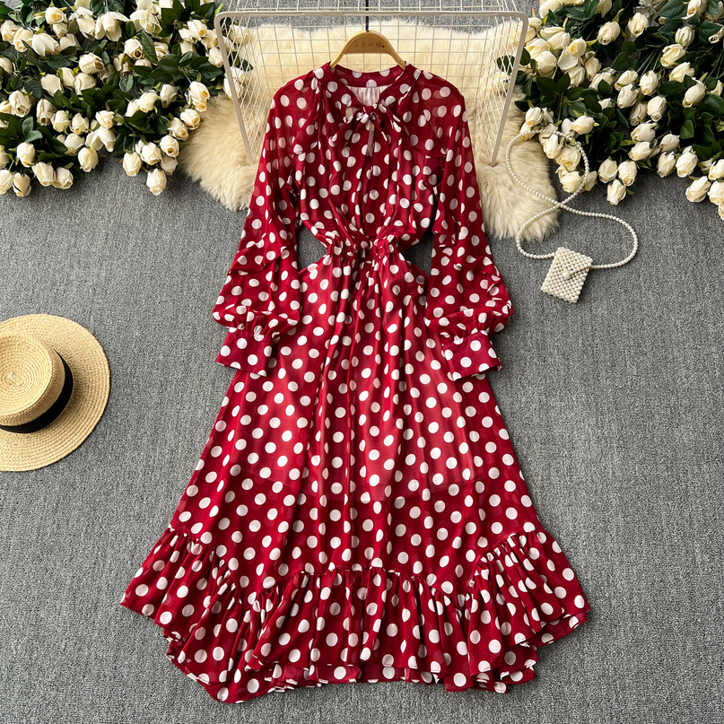 Retro Elegant Pleated Puff Sleeves dot sweet Dress Beach Vacation Casual Women ALINE chiffon Fashion Summer b Dresses 260921