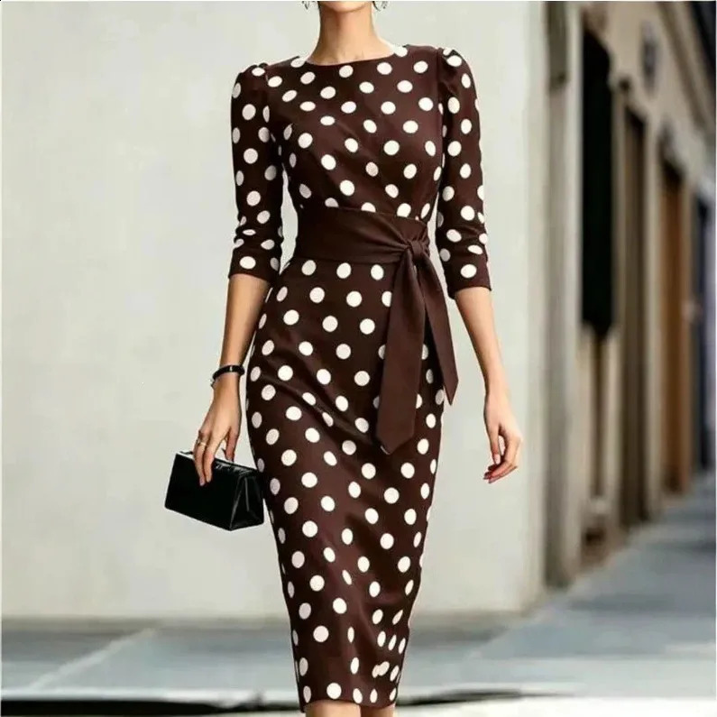 Summer Woman Dress Polka Dot Short Sleeve Dresses Slim Fit Pullover Maxi Dress Red Polka Dot Belted Long Dress Women's Midi 260920