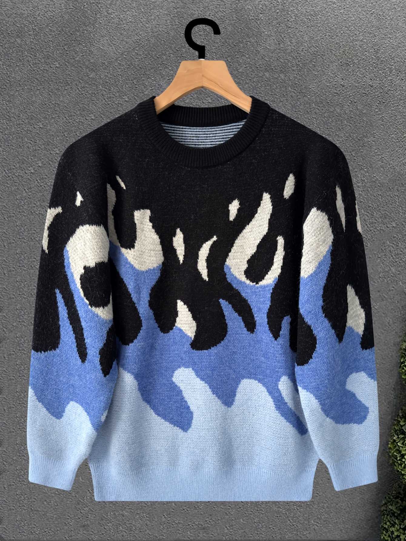 Fire LVLAEA Pattern Jacquard Men Winter Fall Strtwear Shirt Round Neck Long Slve Trendy Fashion Y2K Knitted Pullover for Men S26092127PY
