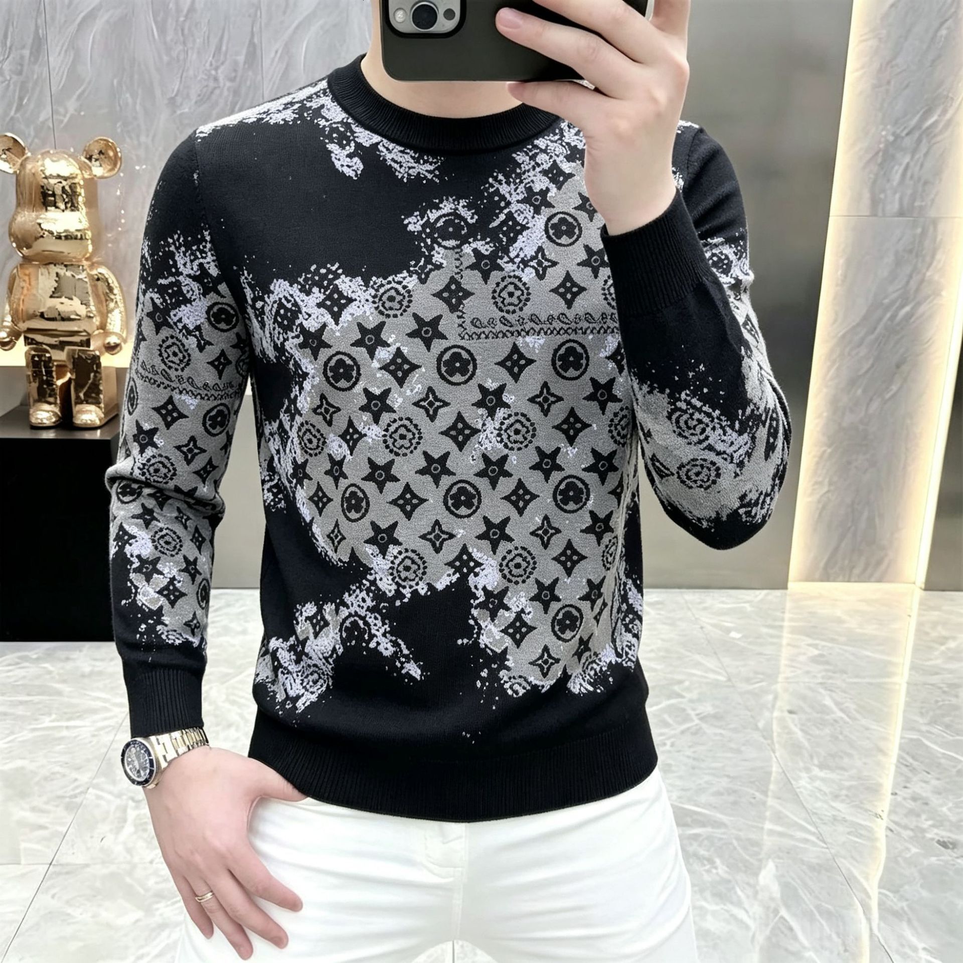 Luxurious Designer Puyi Wool Sweater Trend Brand Printed Round-neck Pullover Men's Fitted Stylish Casual Wool Base Knitted Sweater Male
