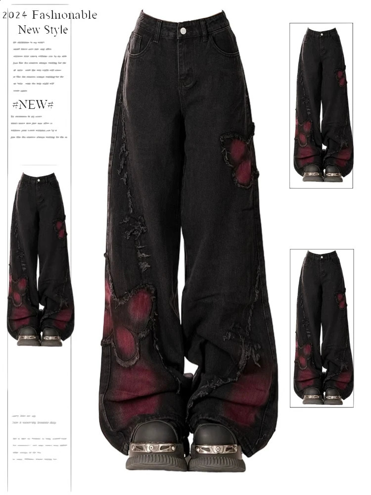 Women's Baggy Butterfly Jeans Vintage 90s Aesthetic Cowboy Pants Harajuku Oversize Denim Trousers Y2k 2000s Black Gothic Clothes 260916